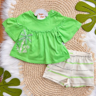 Conj. Batinha Búzios e Short Listrado - Verde e Areia